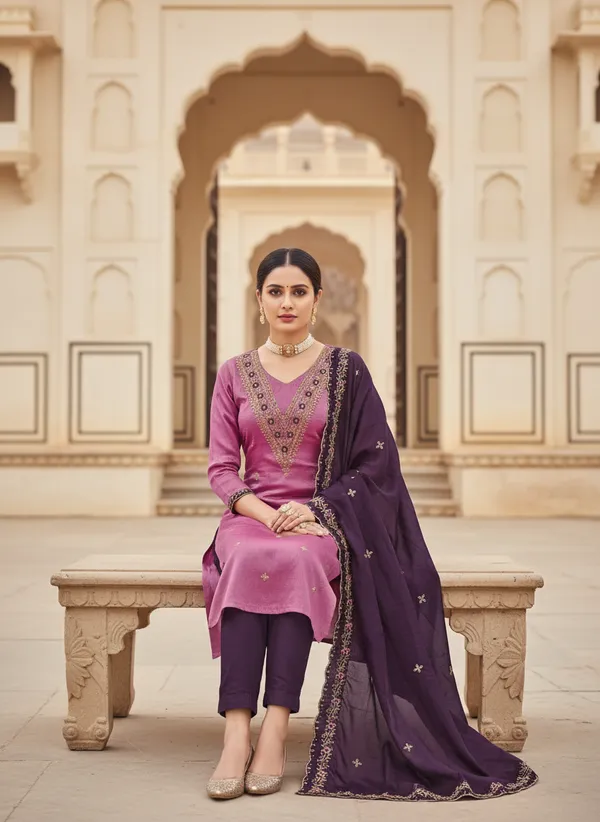 Pink_Vichitra_Silk_Dress_Material_With_Exquisite_Sequins_And_Zari_Embroidery_With_Purple_Dupatta