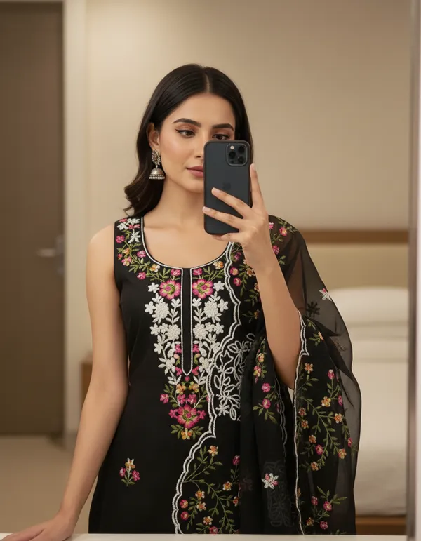 Black_Floral_Chanderi_Cotton_Chikankari_Dress_Material_With_Dupatta