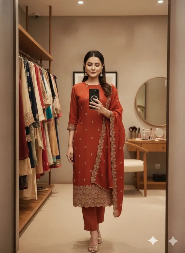 Rust_Vichitra_Silk_Dress_Material_With_Exquisite_Sequins_And_Zari_Embroidery