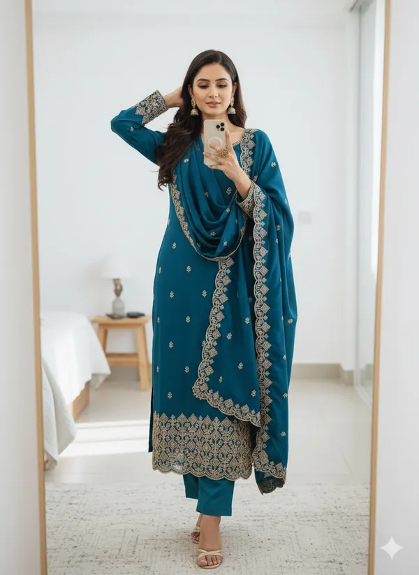 Teal_Blue_Vichitra_Silk_Dress_Material_With_Exquisite_Sequins_And_Zari_Embroidery