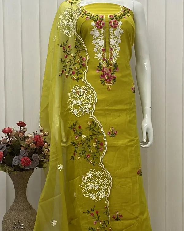 Olive_Green_Chanderi_Cotton_Chikankari_Dress_Material_With_Dupatta