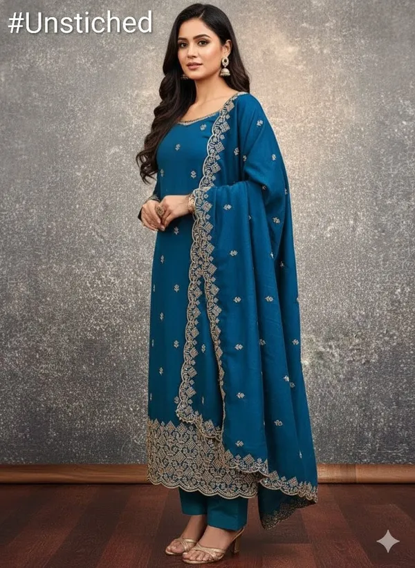 Teal_Blue_Vichitra_Silk_Dress_Material_With_Exquisite_Sequins_And_Zari_Embroidery