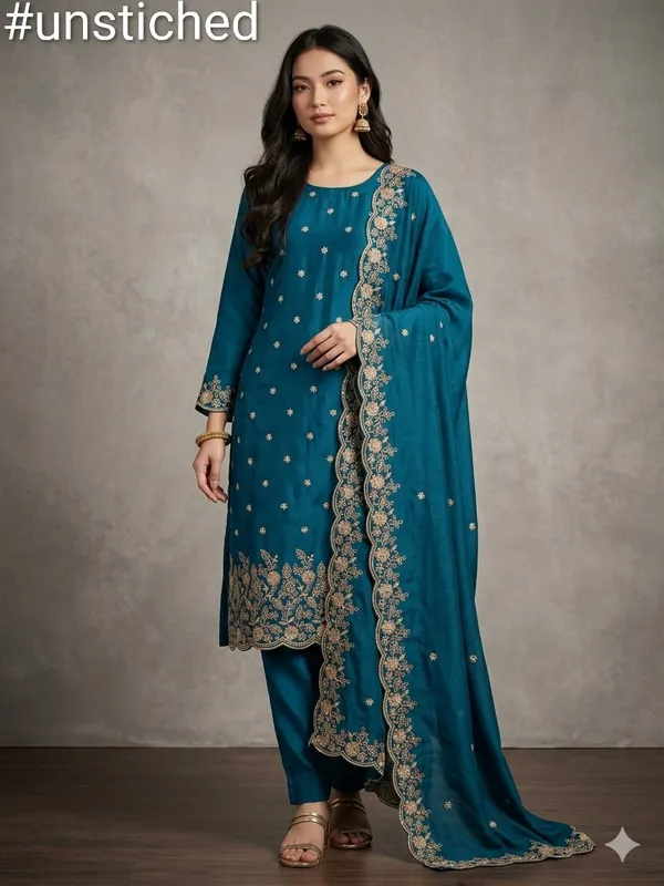 Teal_Blue_Vichitra_Silk_Dress_Material_With_Exquisite_Sequins_And_Zari_Embroidery