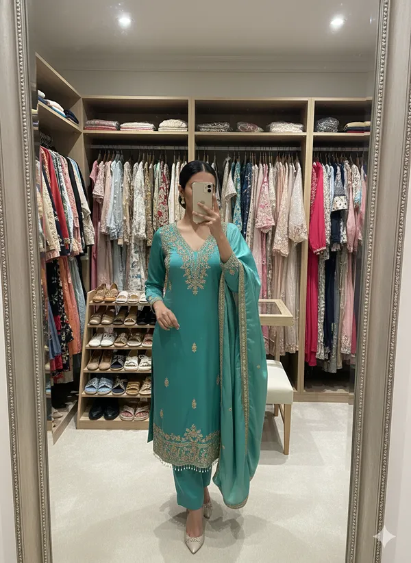 Teal_Green_Floral_Beads_Embroidery_Work_Fendy_Silk_Blend_Dress_Material