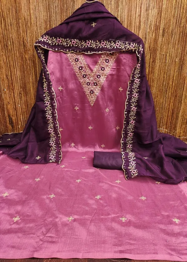 Pink_Vichitra_Silk_Dress_Material_With_Exquisite_Sequins_And_Zari_Embroidery_With_Purple_Dupatta