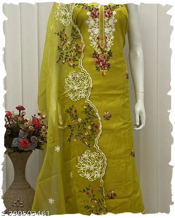 Olive_Green_Chanderi_Cotton_Chikankari_Dress_Material_With_Dupatta