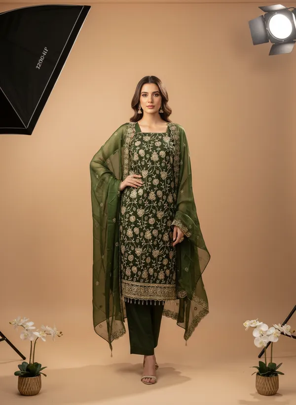 Olive_Green_Silk_Blend_Dress_Material_Featuring_Floral_Embroidery_And_Swarovski_Work