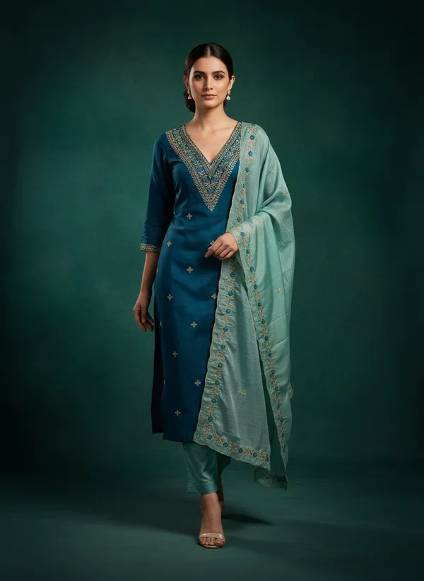 Teal_Blue_Vichitra_Silk_Dress_Material_With_Exquisite_Sequins_And_Zari_Embroideryt_With_Dupatta_For_Women
