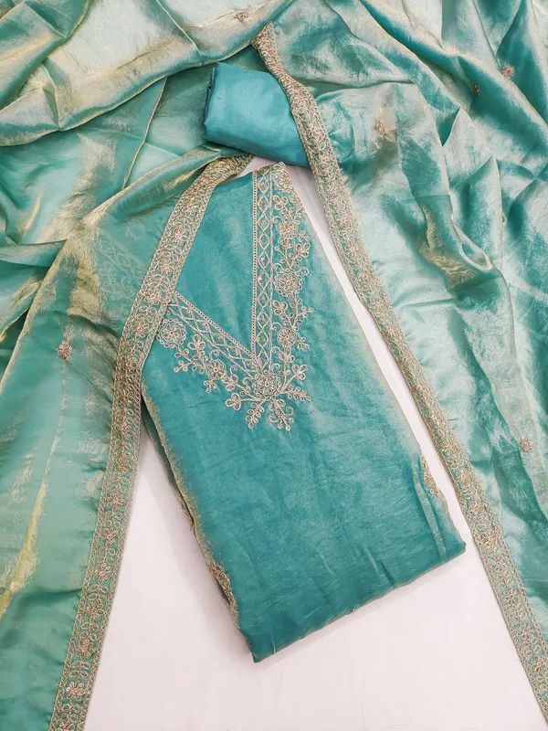 Teal_Green_Floral_Beads_Embroidery_Work_Fendy_Silk_Blend_Dress_Material