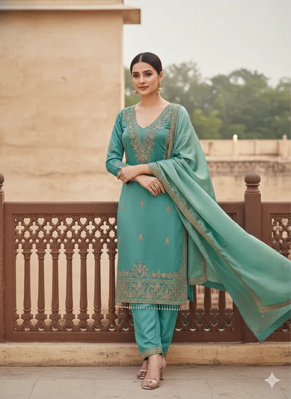 Teal_Green_Floral_Beads_Embroidery_Work_Fendy_Silk_Blend_Dress_Material