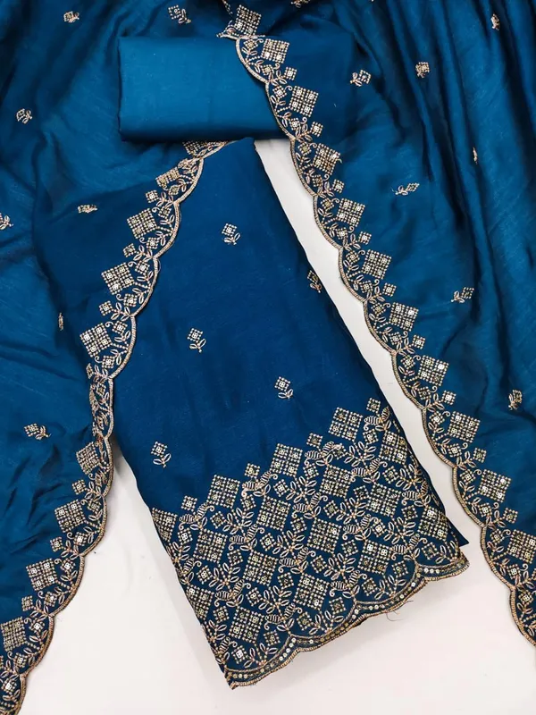 Teal_Blue_Vichitra_Silk_Dress_Material_With_Exquisite_Sequins_And_Zari_Embroidery