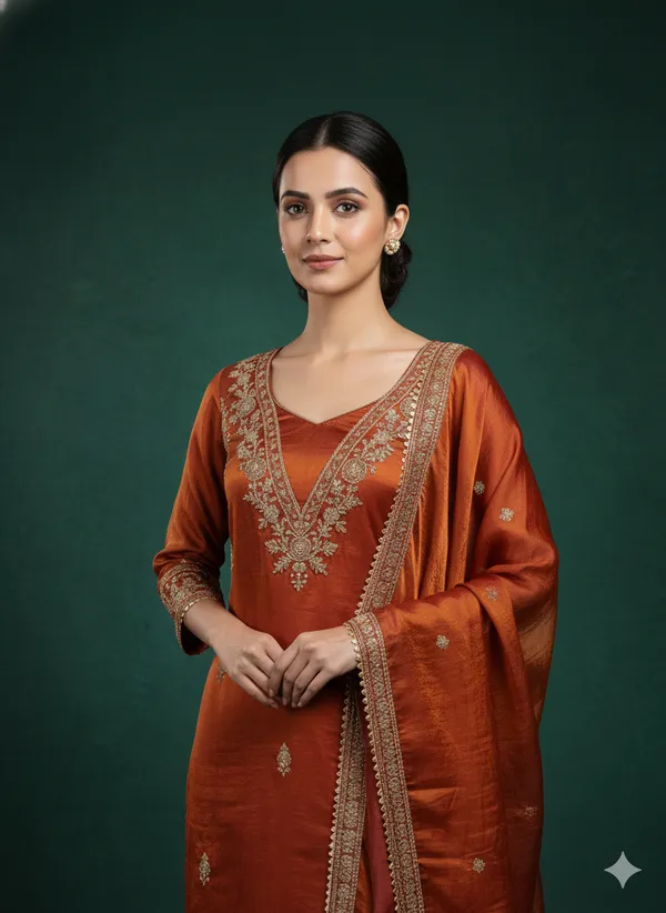 Orange_Floral_Beads_Embroidery_Work_Fendy_Silk_Blend_Dress_Material
