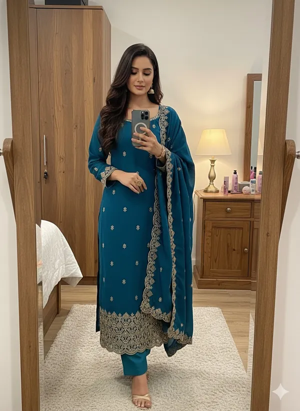 Teal_Blue_Vichitra_Silk_Dress_Material_With_Exquisite_Sequins_And_Zari_Embroidery