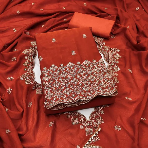 Rust_Vichitra_Silk_Dress_Material_With_Exquisite_Sequins_And_Zari_Embroidery
