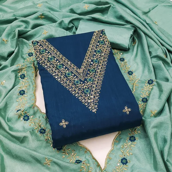 Teal_Blue_Vichitra_Silk_Dress_Material_With_Exquisite_Sequins_And_Zari_Embroideryt_With_Dupatta_For_Women
