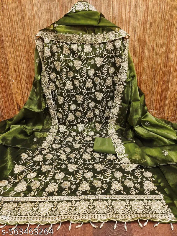 Olive_Green_Silk_Blend_Dress_Material_Featuring_Floral_Embroidery_And_Swarovski_Work