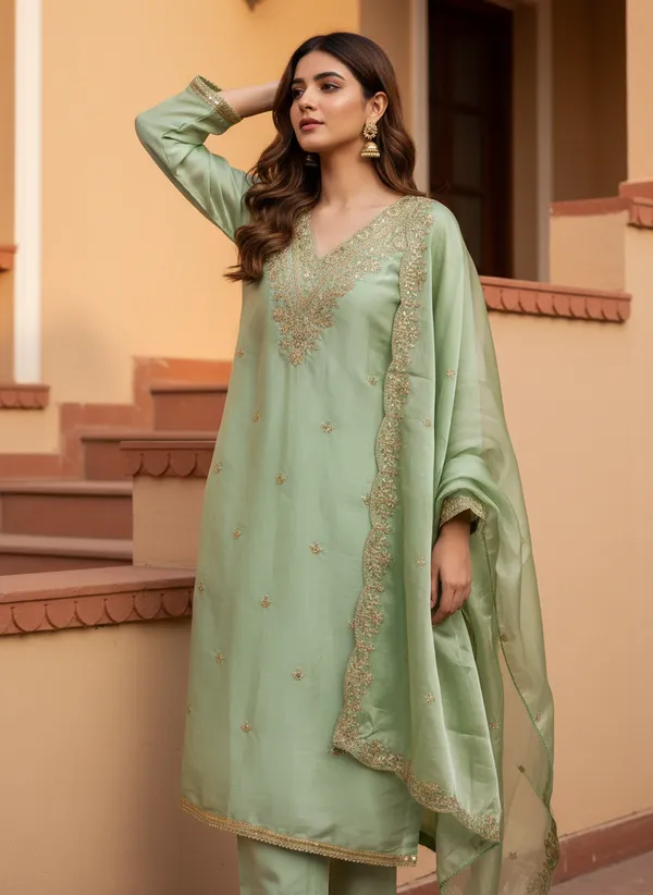 Green_Organza_Jimmy_Choo_Silk_Blend_Dress_Material_Featuring_Floral_Embroidery_And_Swarovski_Work