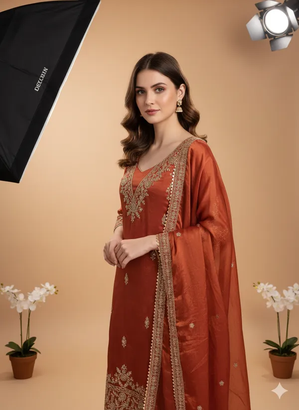 Orange_Floral_Beads_Embroidery_Work_Fendy_Silk_Blend_Dress_Material