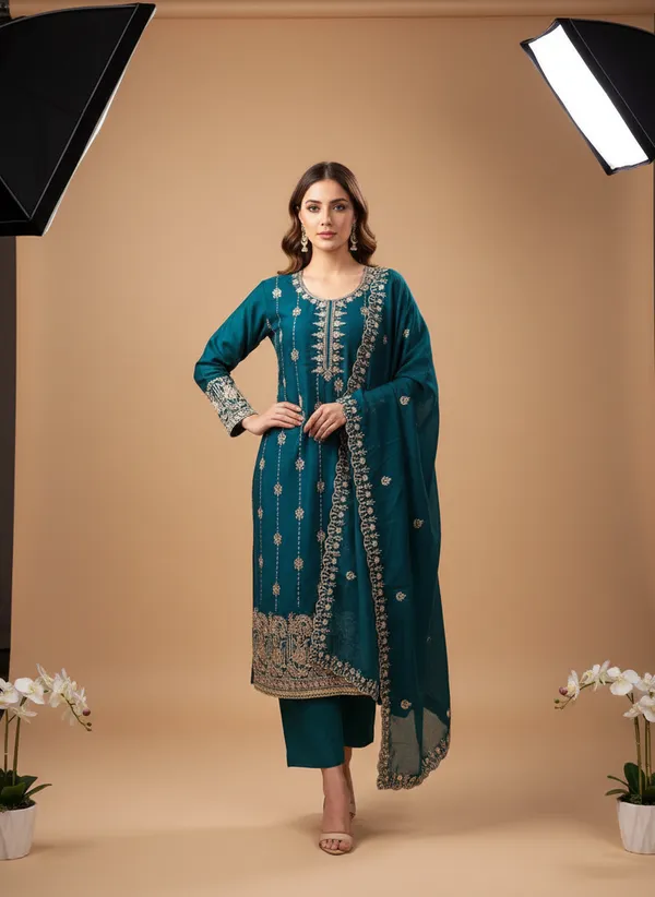 Teal_Vichitra_Silk_Dress_Material_With_Exquisite_Sequins_And_Zari_Embroidery