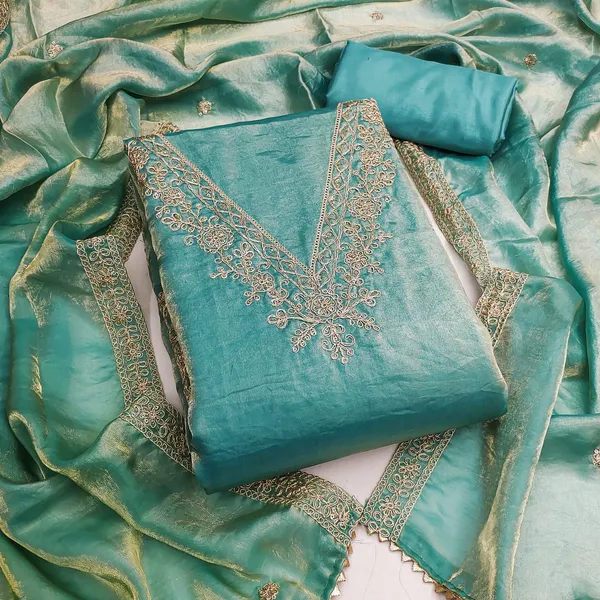 Teal_Green_Floral_Beads_Embroidery_Work_Fendy_Silk_Blend_Dress_Material