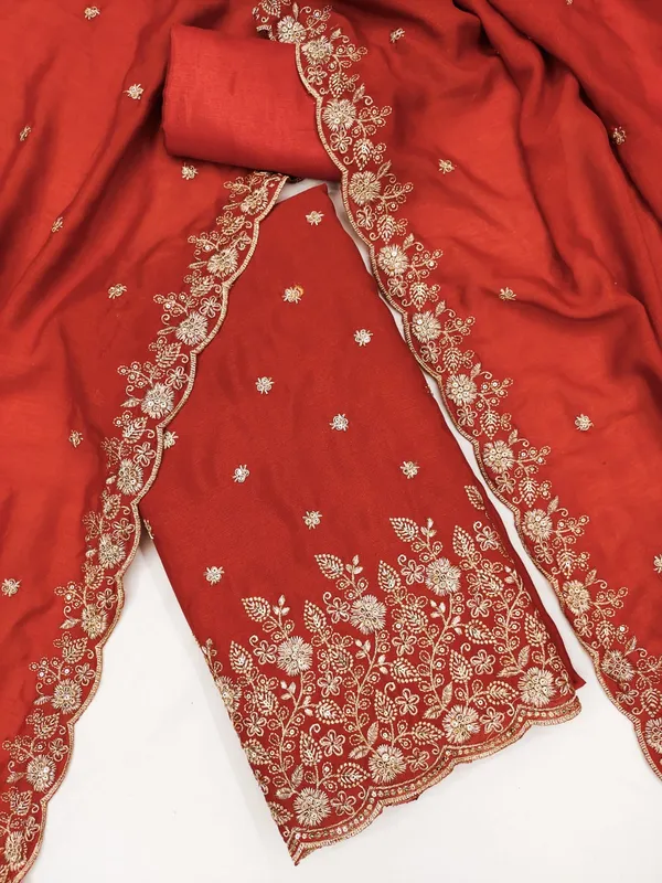 Rust_Vichitra_Silk_Dress_Material_With_Exquisite_Sequins_And_Zari_Embroidery