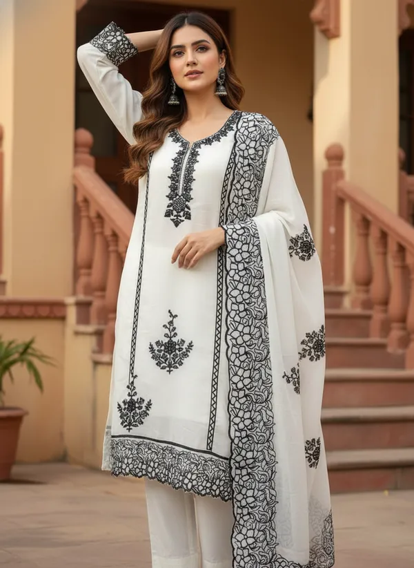 White_And_Black_Embroidery_With_Diamond_Georgette_Dress_Material