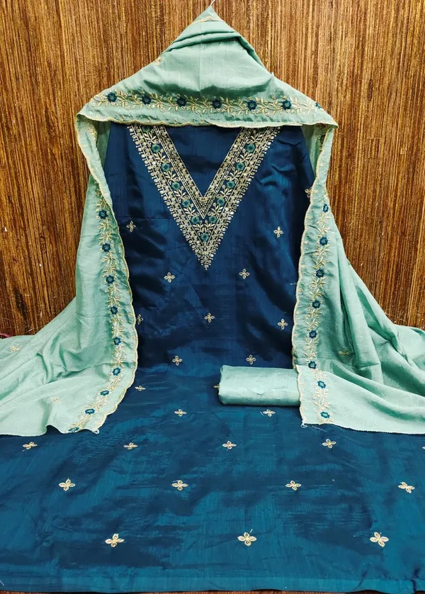 Teal_Blue_Vichitra_Silk_Dress_Material_With_Exquisite_Sequins_And_Zari_Embroideryt_With_Dupatta_For_Women