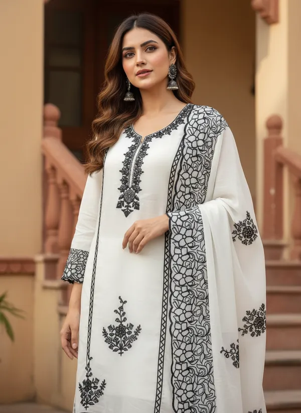 White_And_Black_Embroidery_With_Diamond_Georgette_Dress_Material