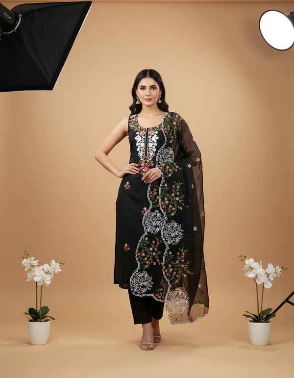Black_Floral_Chanderi_Cotton_Chikankari_Dress_Material_With_Dupatta