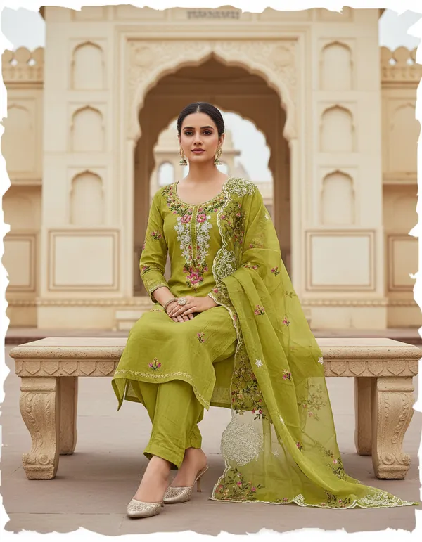 Olive_Green_Chanderi_Cotton_Chikankari_Dress_Material_With_Dupatta