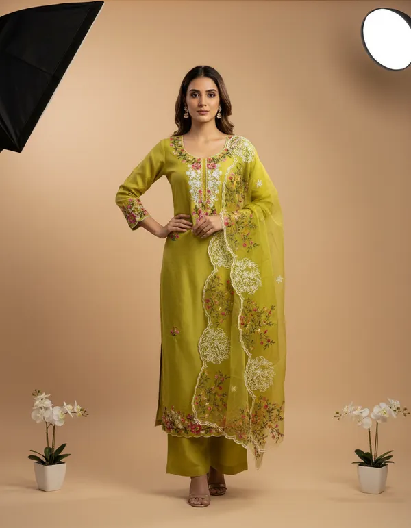 Olive_Green_Chanderi_Cotton_Chikankari_Dress_Material_With_Dupatta