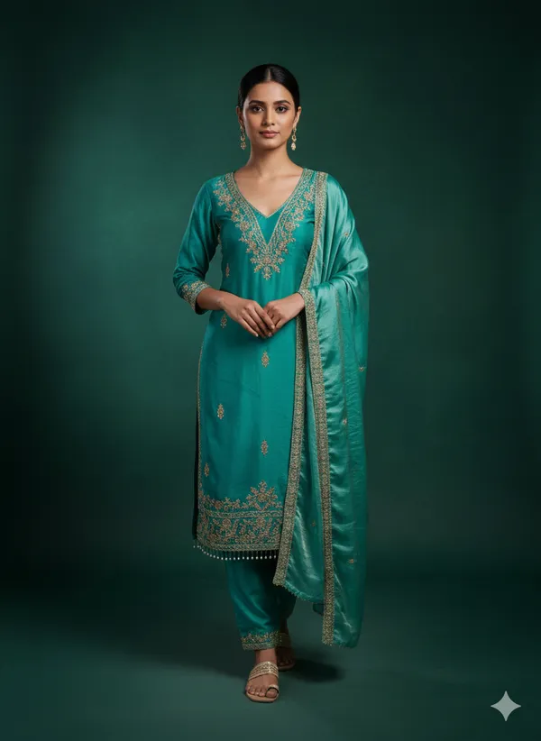 Teal_Green_Floral_Beads_Embroidery_Work_Fendy_Silk_Blend_Dress_Material
