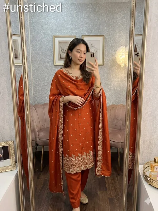 Rust_Vichitra_Silk_Dress_Material_With_Exquisite_Sequins_And_Zari_Embroidery
