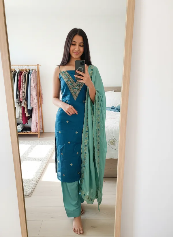 Teal_Blue_Vichitra_Silk_Dress_Material_With_Exquisite_Sequins_And_Zari_Embroideryt_With_Dupatta_For_Women