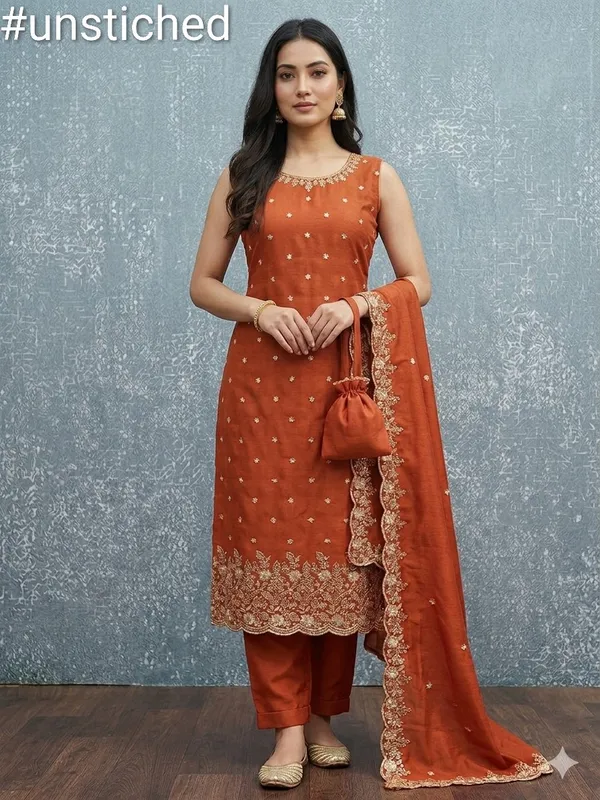 Rust_Vichitra_Silk_Dress_Material_With_Exquisite_Sequins_And_Zari_Embroidery