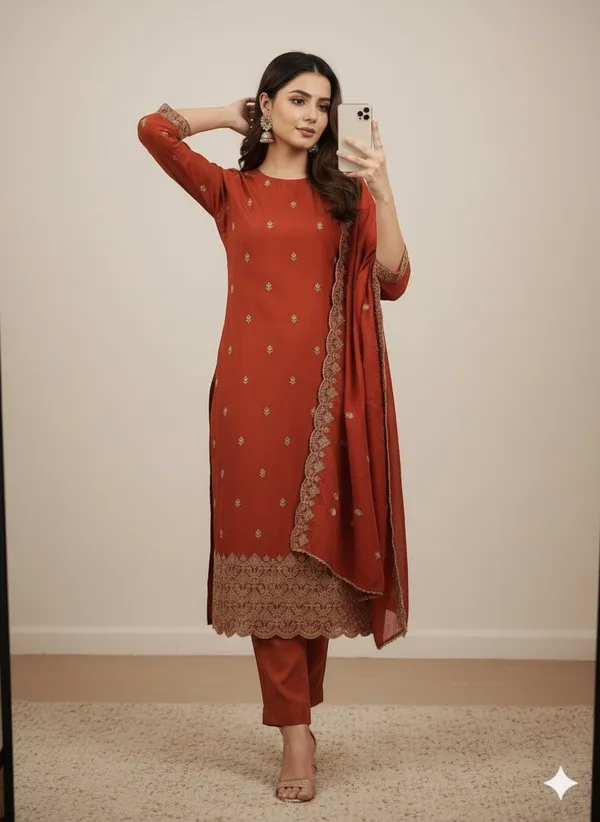 Rust_Vichitra_Silk_Dress_Material_With_Exquisite_Sequins_And_Zari_Embroidery