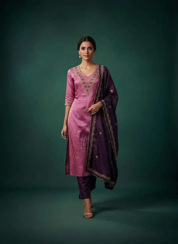 Pink_Vichitra_Silk_Dress_Material_With_Exquisite_Sequins_And_Zari_Embroidery_With_Purple_Dupatta
