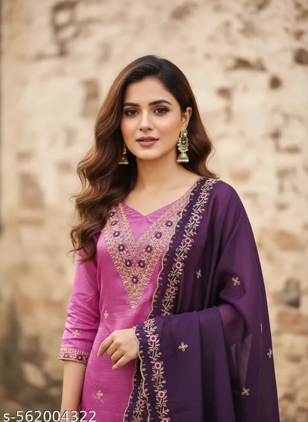 Pink_Vichitra_Silk_Dress_Material_With_Exquisite_Sequins_And_Zari_Embroidery_With_Purple_Dupatta