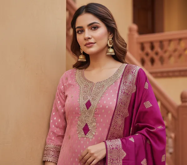 Pink_Cording_Sequins_Embroidered_Shimmer_Dress_Material_With_Butti_Weaving_Work