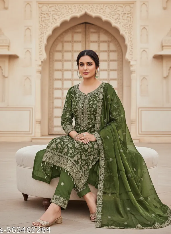 Olive_Green_Silk_Blend_Dress_Material_Featuring_Floral_Embroidery_And_Swarovski_Work