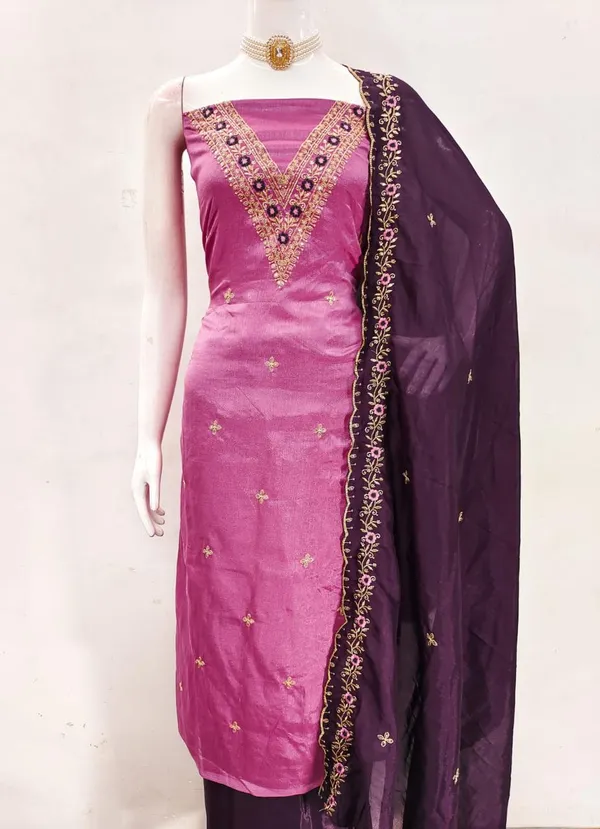 Pink_Vichitra_Silk_Dress_Material_With_Exquisite_Sequins_And_Zari_Embroidery_With_Purple_Dupatta