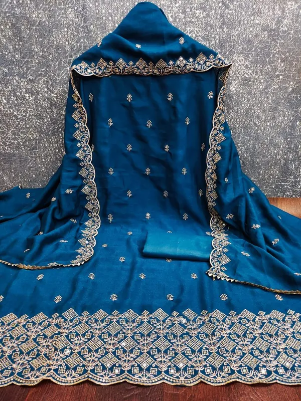 Teal_Blue_Vichitra_Silk_Dress_Material_With_Exquisite_Sequins_And_Zari_Embroidery