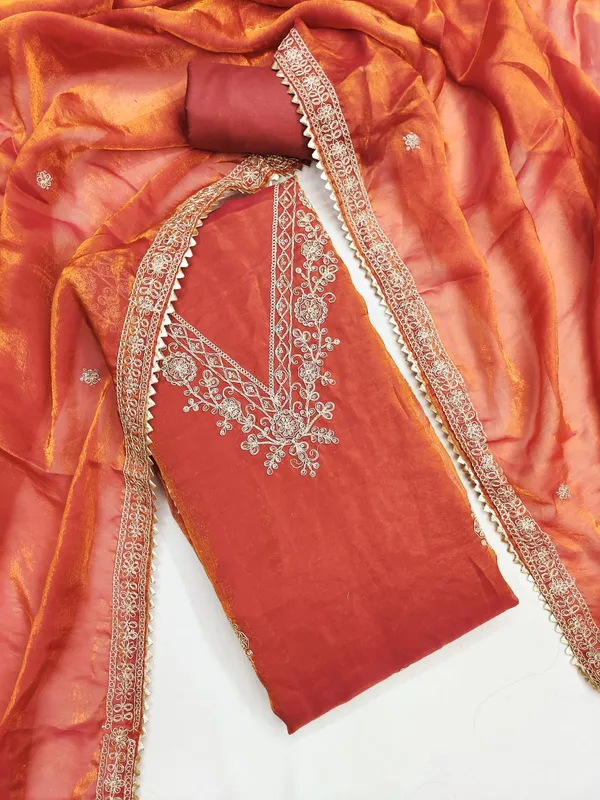 Orange_Floral_Beads_Embroidery_Work_Fendy_Silk_Blend_Dress_Material