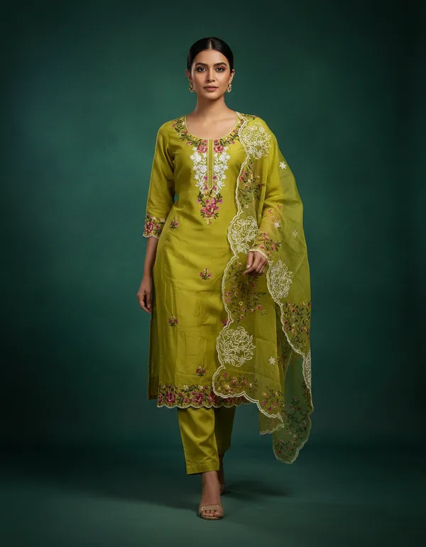 Olive_Green_Chanderi_Cotton_Chikankari_Dress_Material_With_Dupatta
