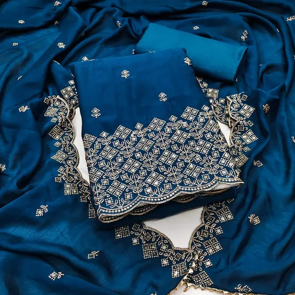 Teal_Blue_Vichitra_Silk_Dress_Material_With_Exquisite_Sequins_And_Zari_Embroidery