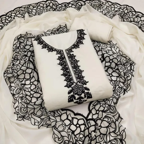 White_And_Black_Embroidery_With_Diamond_Georgette_Dress_Material