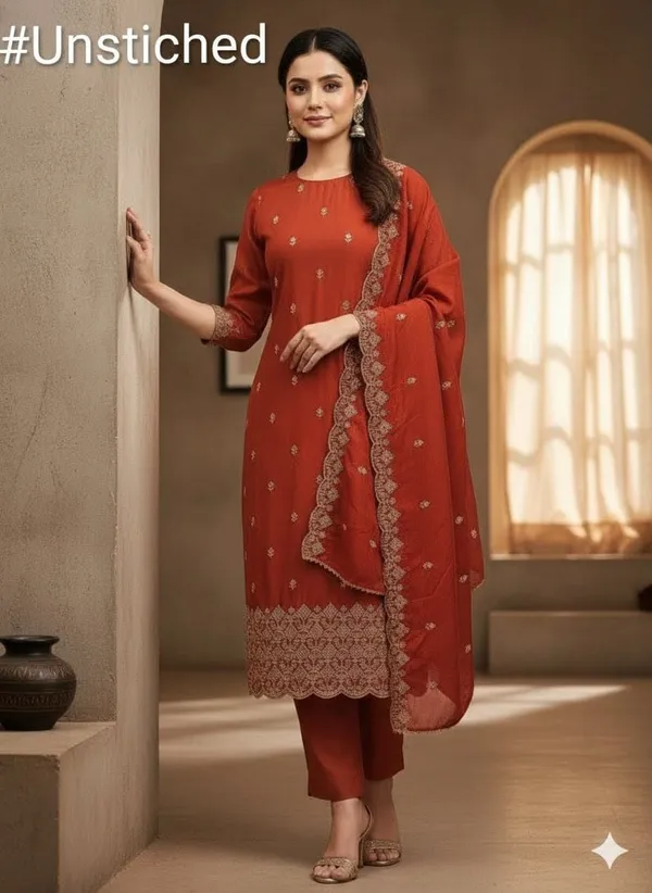 Rust_Vichitra_Silk_Dress_Material_With_Exquisite_Sequins_And_Zari_Embroidery