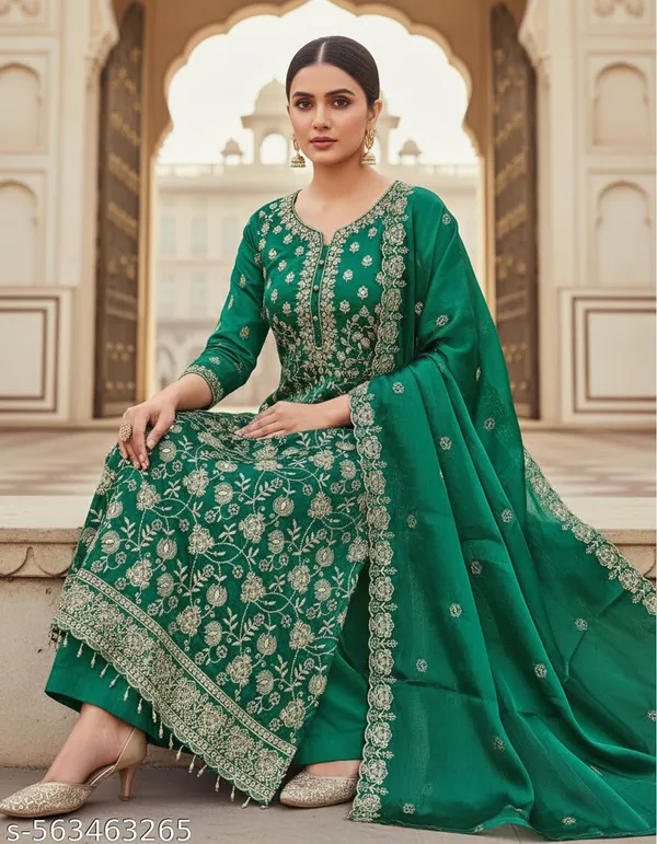 Green_Silk_Blend_Dress_Material_Featuring_Floral_Embroidery_And_Swarovski_Work