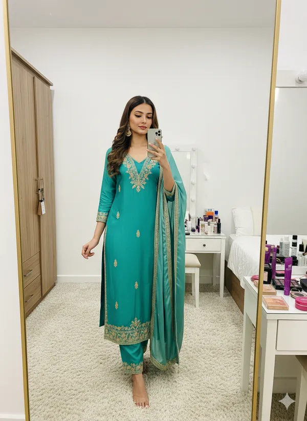Teal_Green_Floral_Beads_Embroidery_Work_Fendy_Silk_Blend_Dress_Material