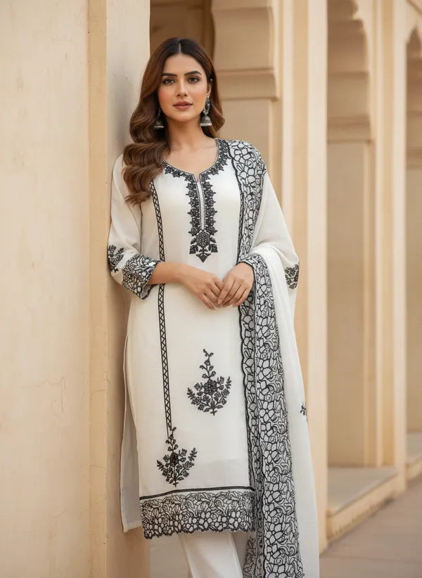 White_And_Black_Embroidery_With_Diamond_Georgette_Dress_Material